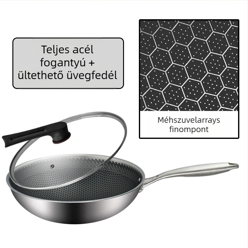 Rozsdamentes acél wok tapadásmentes bevonattal, mély aljzattal, 1 kg, univerzális tűzhelyhez kompatibilis, modern minimalist stílus