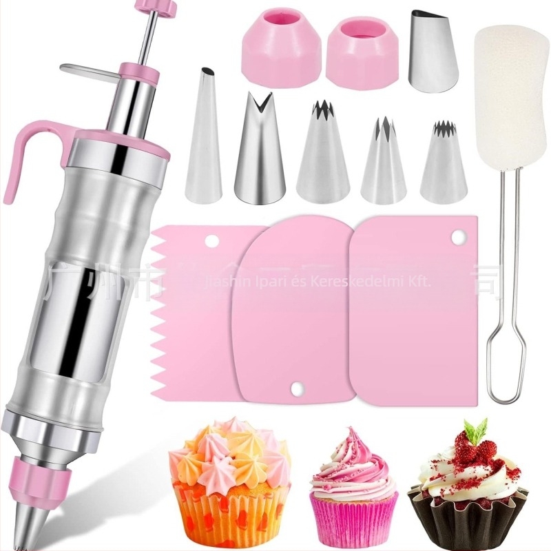 Torta- és kekszdíszítő pisztoly — kézi krémdíszítő eszköz rozsdamentes acélból és műanyagból, modern letisztult dizájn, készlet csővel és tasakkal