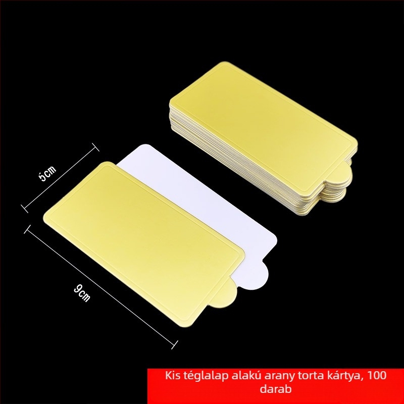 Háromszög alakú mousse alap tálca süteményekhez, élelmiszer-minőségű fehér kartonpapír, 350 g/m², arany bevonat, sütőpapír, modern minimalista stílus.