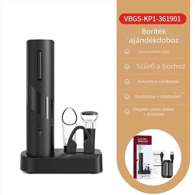 Bor készlet, 5 darabos készlet vákuumdugóval, boröntővel, fóliavágóval, palacknyitóval és tárolóalappal; műanyag, könnyű luxus retro stílus