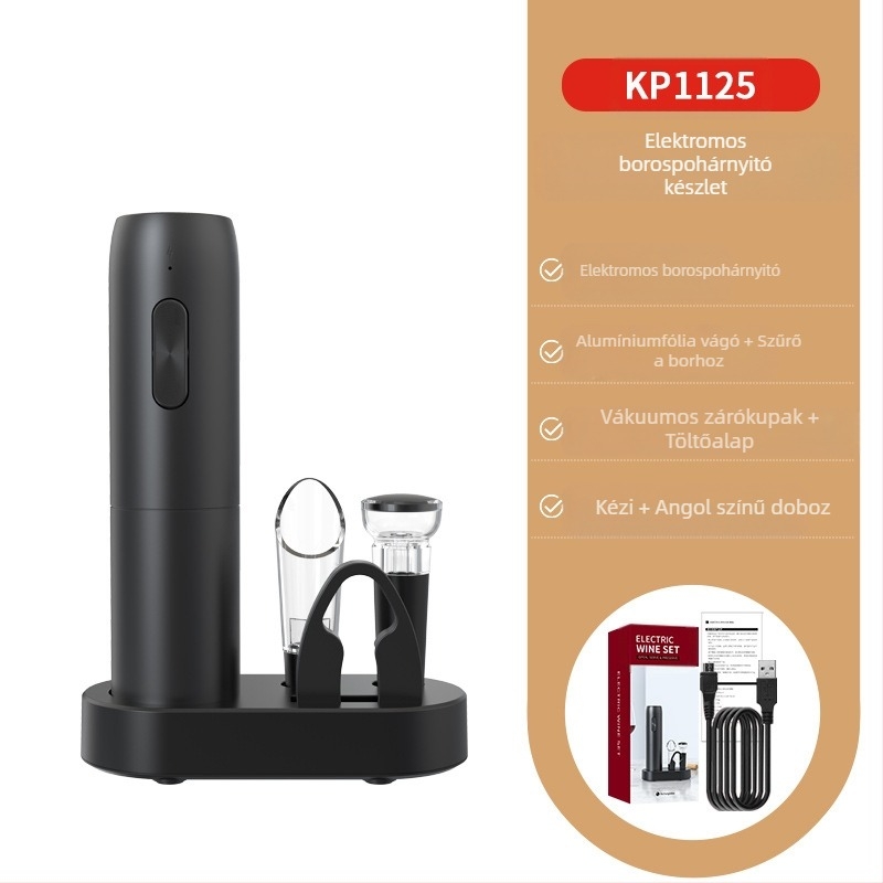 Bor készlet, 5 darabos készlet vákuumdugóval, boröntővel, fóliavágóval, palacknyitóval és tárolóalappal; műanyag, könnyű luxus retro stílus