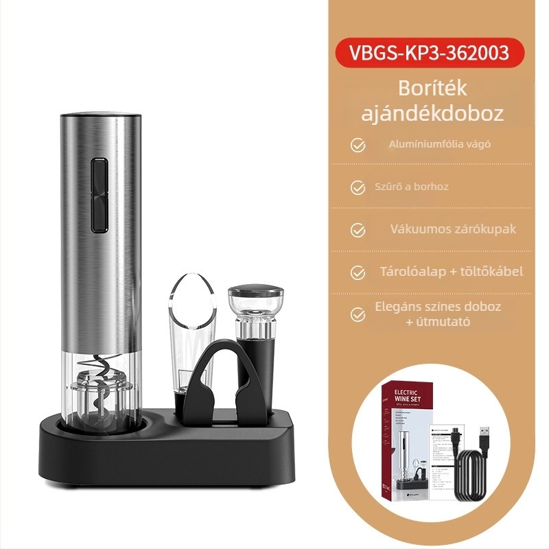 Bor készlet, 5 darabos készlet vákuumdugóval, boröntővel, fóliavágóval, palacknyitóval és tárolóalappal; műanyag, könnyű luxus retro stílus