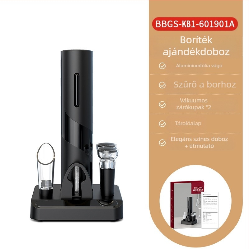 Bor készlet, 5 darabos készlet vákuumdugóval, boröntővel, fóliavágóval, palacknyitóval és tárolóalappal; műanyag, könnyű luxus retro stílus