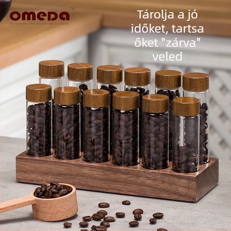Kávébab-kiállító állvány diófaboroszilikát üvegekkel – zárt aromatároló