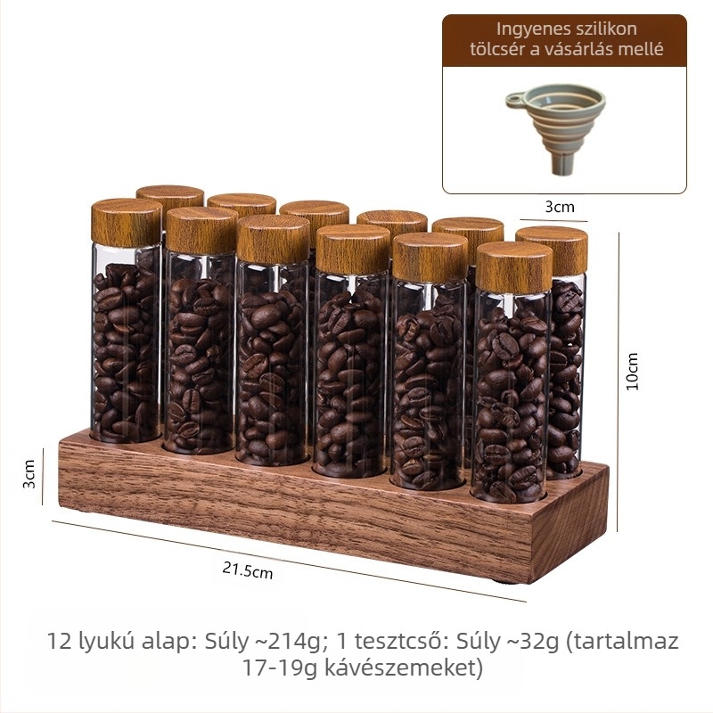 Kávébab-kiállító állvány diófaboroszilikát üvegekkel – zárt aromatároló
