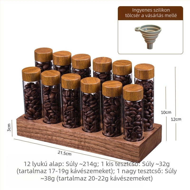 Kávébab-kiállító állvány diófaboroszilikát üvegekkel – zárt aromatároló