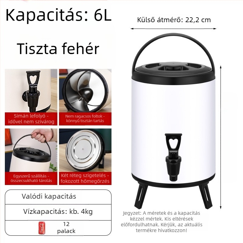 Rozsdamentes acélból készült kettős falú szigetelt tej-tea vödör, kapacitás 6-12 L