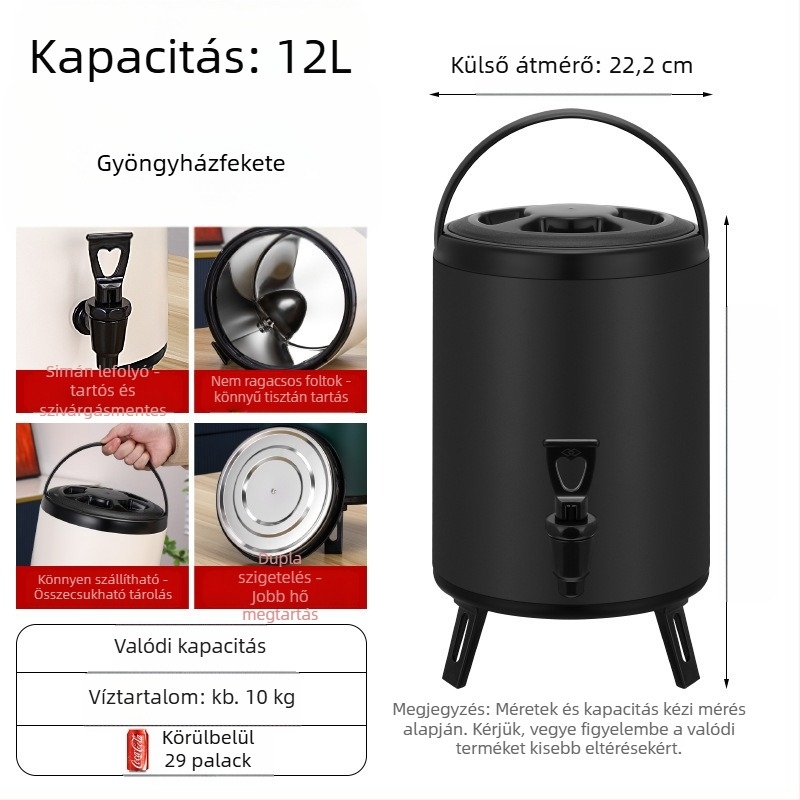 Rozsdamentes acélból készült kettős falú szigetelt tej-tea vödör, kapacitás 6-12 L