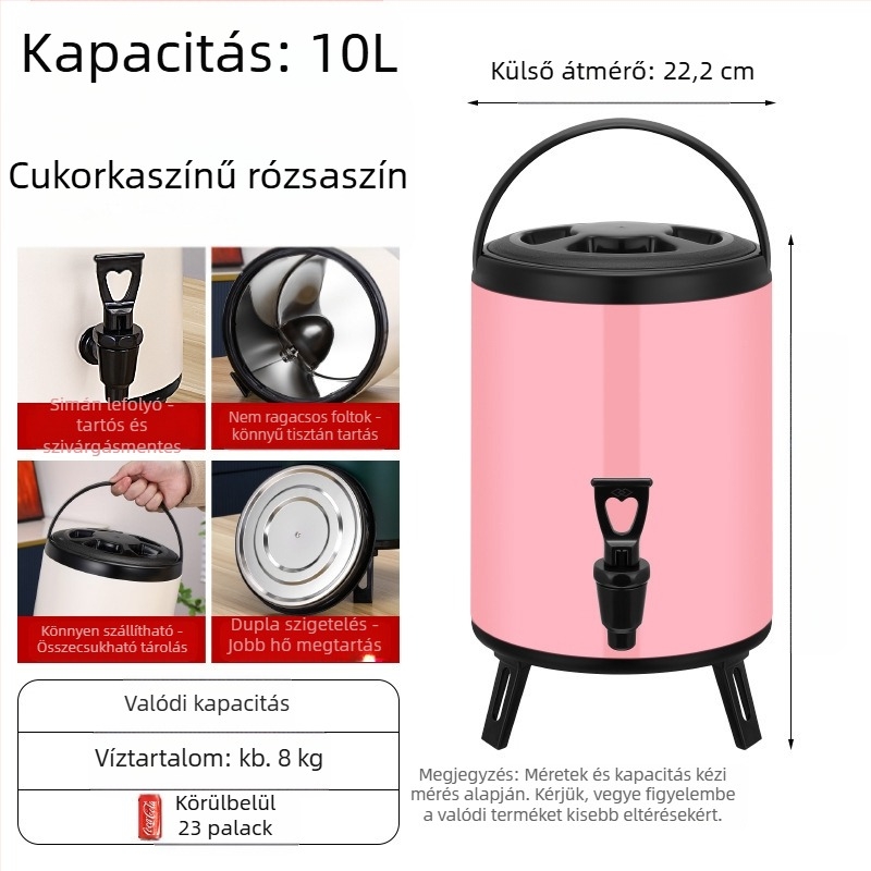 Rozsdamentes acélból készült kettős falú szigetelt tej-tea vödör, kapacitás 6-12 L