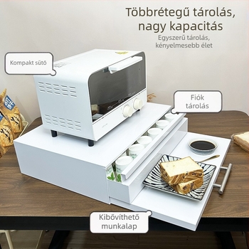 Konyhai kihúzható tálcás mikrosütő állvány — asztali sütőhöz, teleszkópos tolómechanizmus, egyszerű és modern dizájn (Anyag: szénacél; Modell: mikrohullámú sütőfiók panel; Feldolgozás: a rajzok szerint testreszabott)