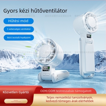Nyakba akasztható kézi ventilátor, USB-töltésű, mini, összecsukható, digitális kijelzővel, szénkefe nélküli motorral, beépített akkumulátor 4000–6000 mAh, 6 lapátok