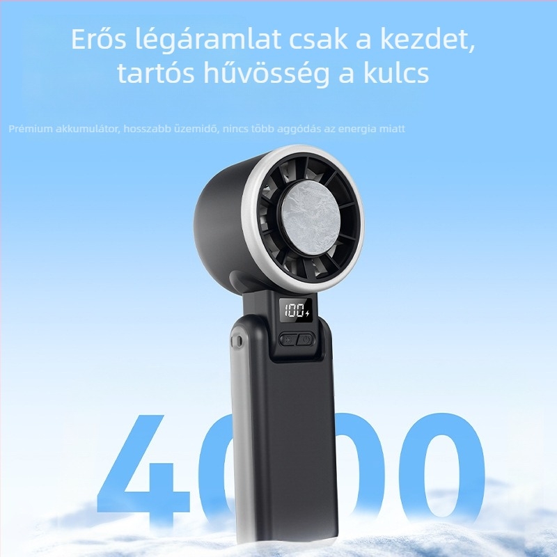Nyakba akasztható kézi ventilátor, USB-töltésű, mini, összecsukható, digitális kijelzővel, szénkefe nélküli motorral, beépített akkumulátor 4000–6000 mAh, 6 lapátok