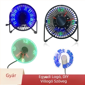 USB-s ventilátor valós idejű órával és hőmérséklet-kijelzővel, LED világító kijelző, gombos működtetés.