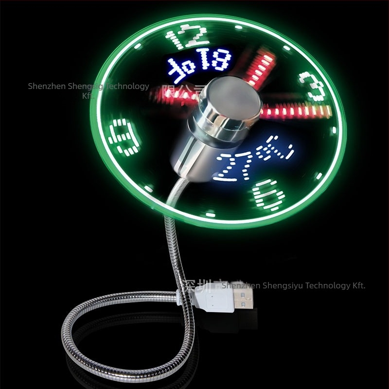 USB-s ventilátor valós idejű órával és hőmérséklet-kijelzővel, LED világító kijelző, gombos működtetés.