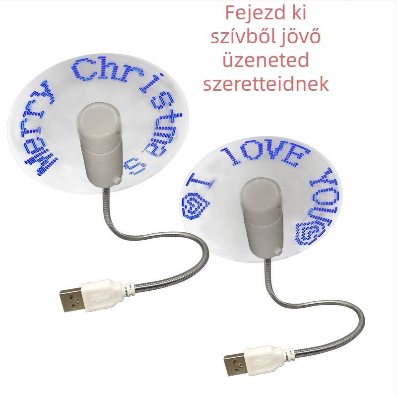 USB-s ventilátor valós idejű órával és hőmérséklet-kijelzővel, LED világító kijelző, gombos működtetés.