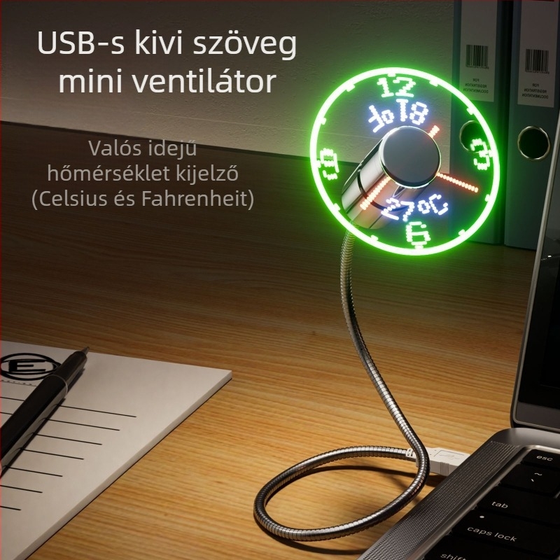 USB-s ventilátor valós idejű órával és hőmérséklet-kijelzővel, LED világító kijelző, gombos működtetés.
