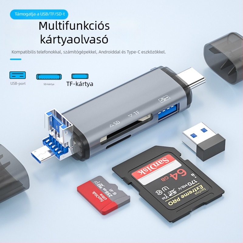 OTG kártyaolvasó – 6 az 1-ben SD/TF, USB 3.0, USB-C interfész, alumínium ötvözet, hordozható