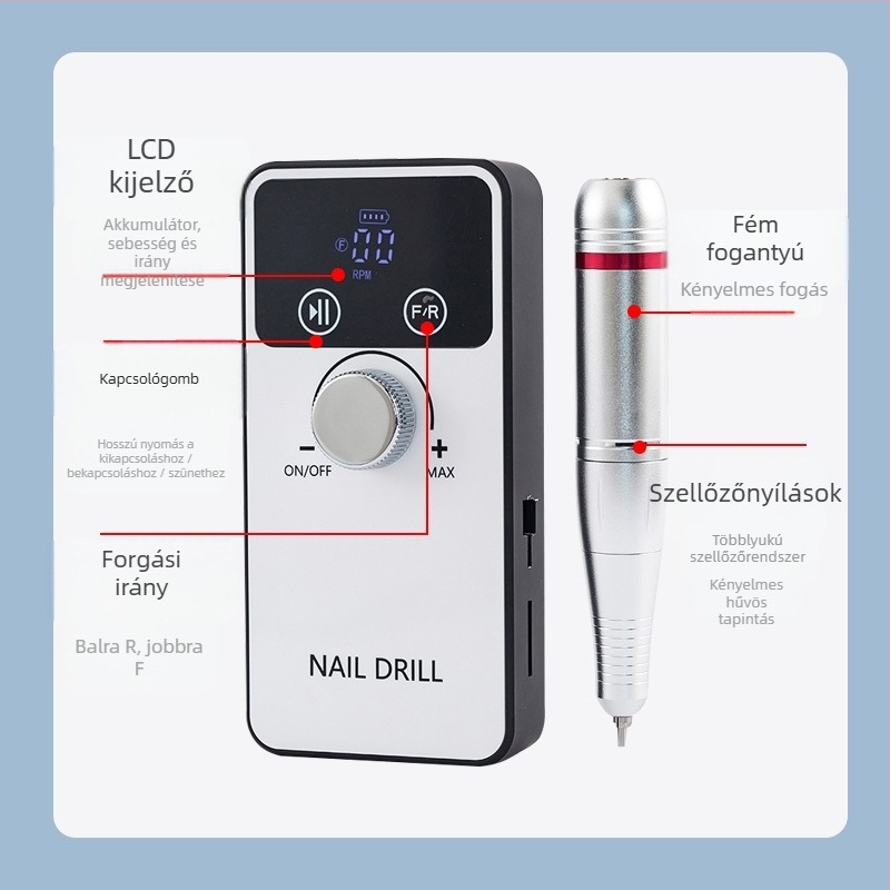 Hordozható USB töltésű körömcsiszoló a halott bőr eltávolítására és a köröm felszínének csiszolására; körömfelület-csiszoló eszköz; anyag: műanyag + rozsdamentes acél; nettó tartalom: 527