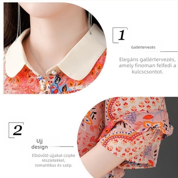 Női virágos chiffon blúz Polo gallérral, mintás, 7/8-os ujjú, Nyár 2023