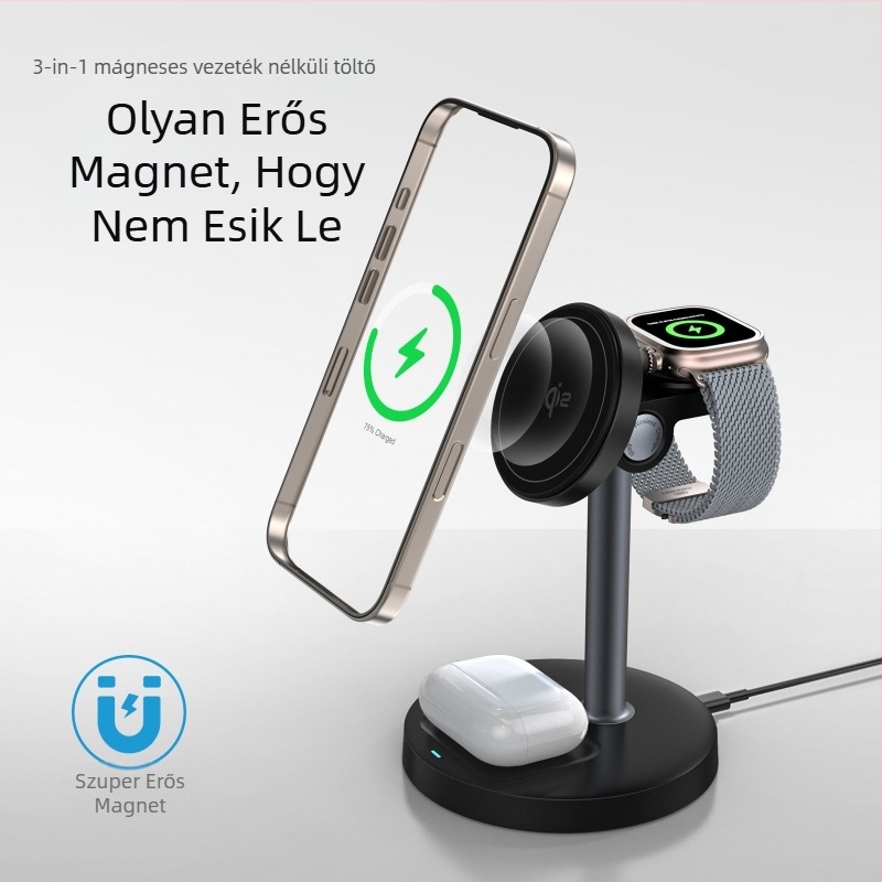 3 az 1-ben mágneses vezeték nélküli töltő asztali tartóval telefonhoz és órához, Qi2 tanúsítvány, 15W maxim, QC3.0