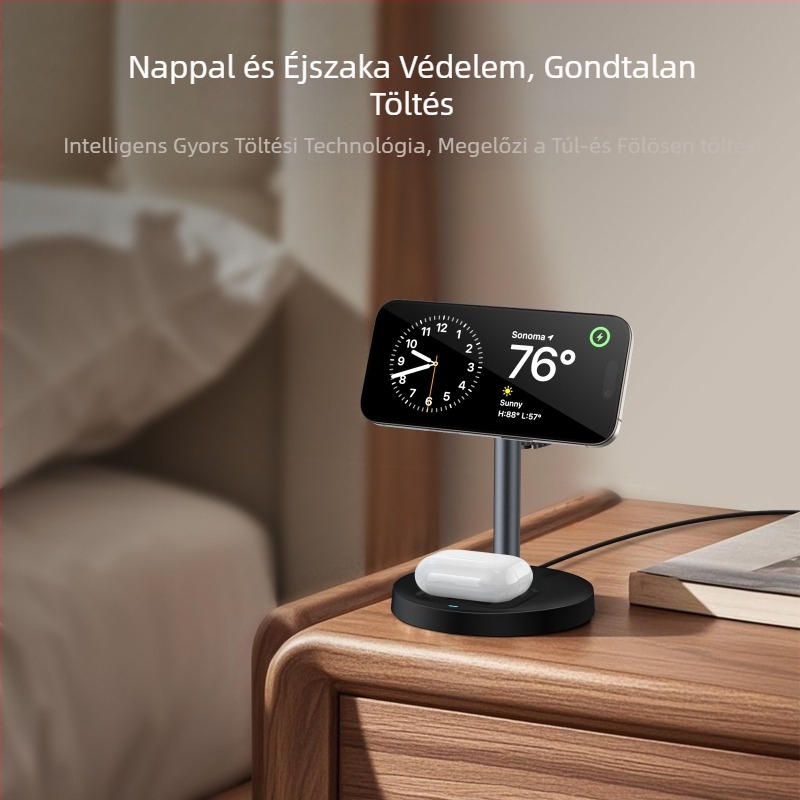 3 az 1-ben mágneses vezeték nélküli töltő asztali tartóval telefonhoz és órához, Qi2 tanúsítvány, 15W maxim, QC3.0