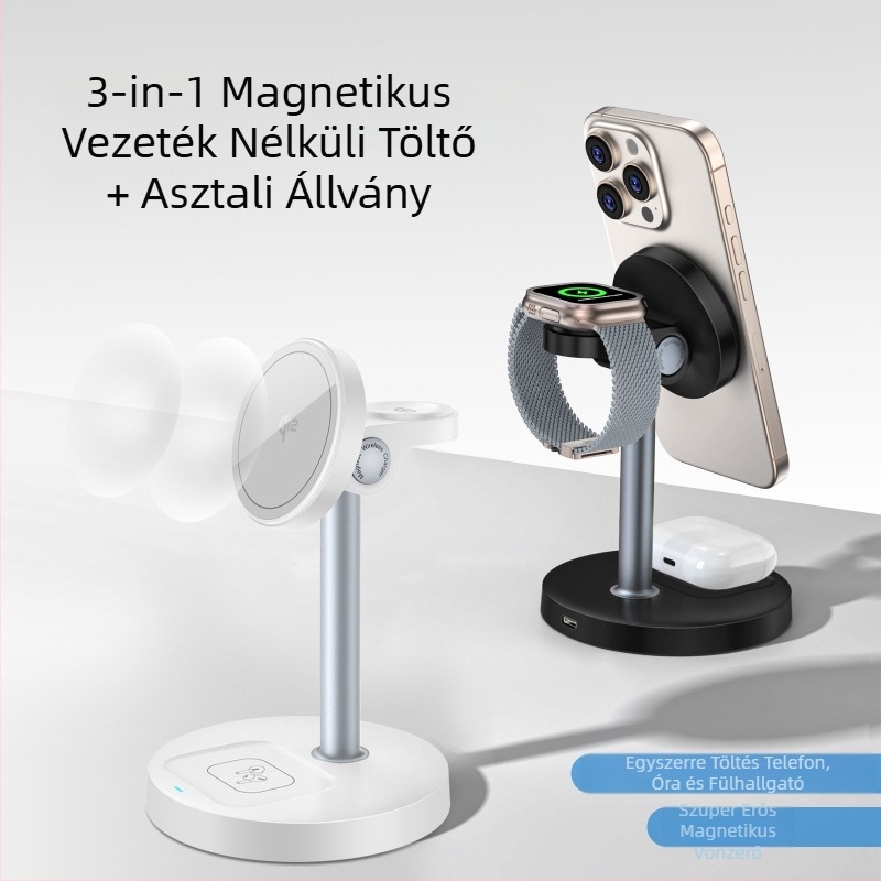 3 az 1-ben mágneses vezeték nélküli töltő asztali tartóval telefonhoz és órához, Qi2 tanúsítvány, 15W maxim, QC3.0
