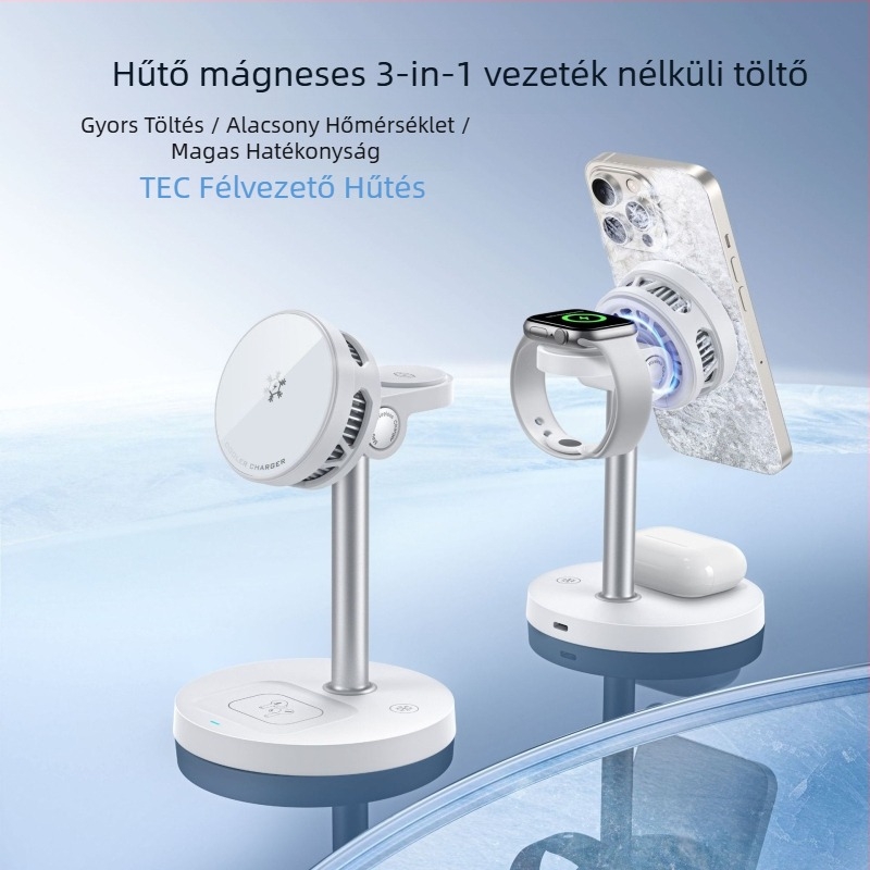 3 az 1-ben mágneses vezeték nélküli töltő asztali tartóval telefonhoz és órához, Qi2 tanúsítvány, 15W maxim, QC3.0