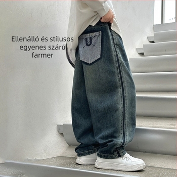 Gyermekeknek fleece-szel bélelt farmernadrág, középtalpas, elasztikus derekú, 8 év feletti gyerekeknek, tavasz–ősz