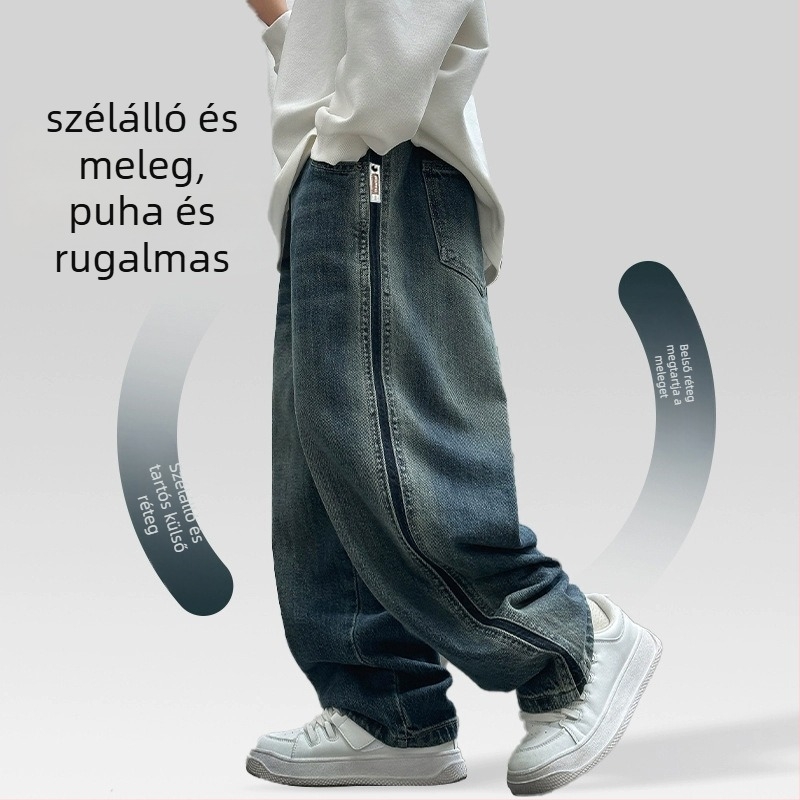Gyermekeknek fleece-szel bélelt farmernadrág, középtalpas, elasztikus derekú, 8 év feletti gyerekeknek, tavasz–ősz