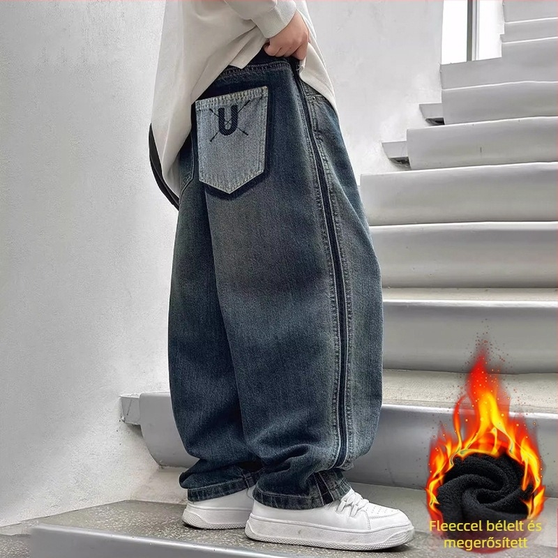 Gyermekeknek fleece-szel bélelt farmernadrág, középtalpas, elasztikus derekú, 8 év feletti gyerekeknek, tavasz–ősz