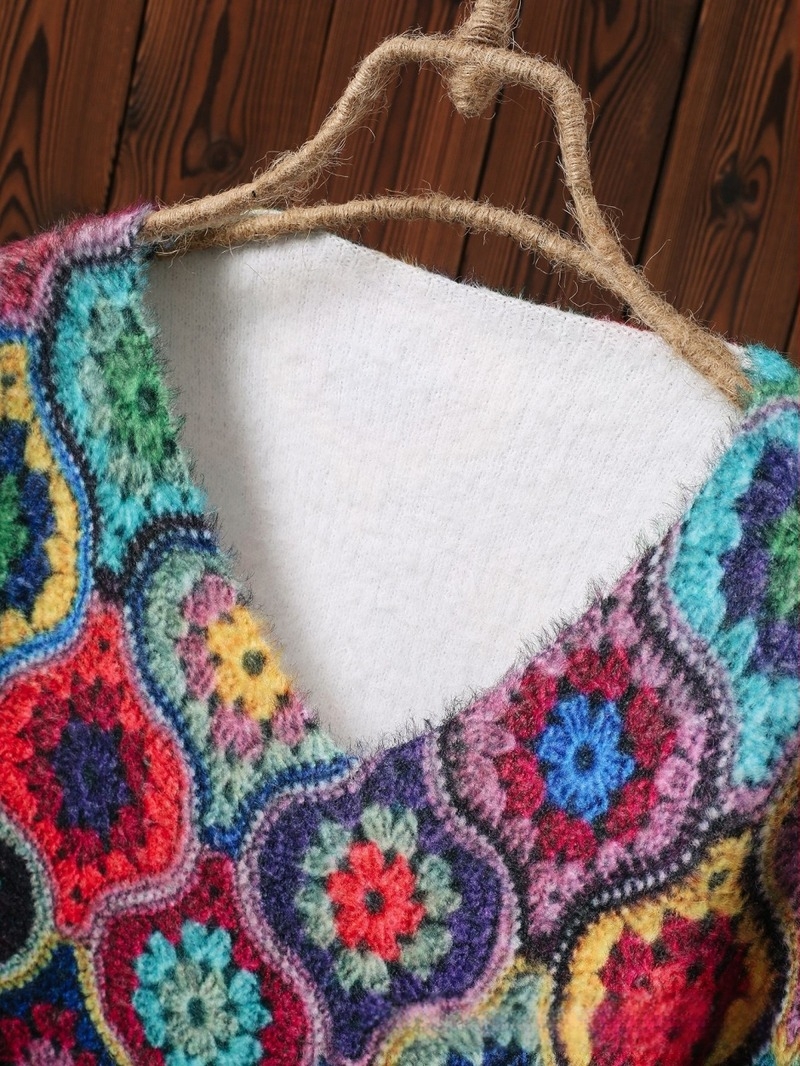 V-nyakú pulóver, geometriai minta, poliészter anyag, 2024 ősz