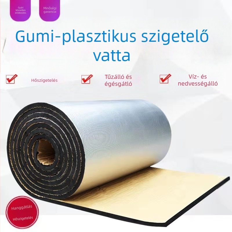 Gumi-plasztikus szigetelő lemez mikroporózus, tekercselt lemez formában – hő- és hangszigetelésre; fő anyag: gumi és műanyag; hővezetés 0.035 W/mK; osztály: B