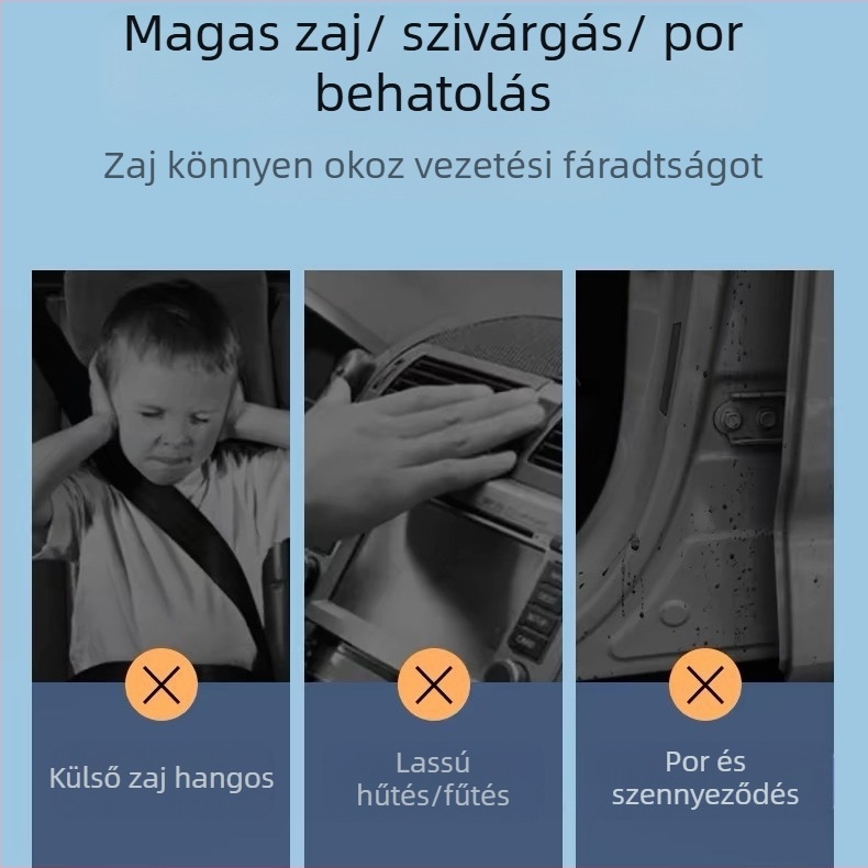 Autóajtó tömítő szalag – piramis típusú, 3‑rétegű gumitömítés, hangszigetelés, por- és vízállóság.