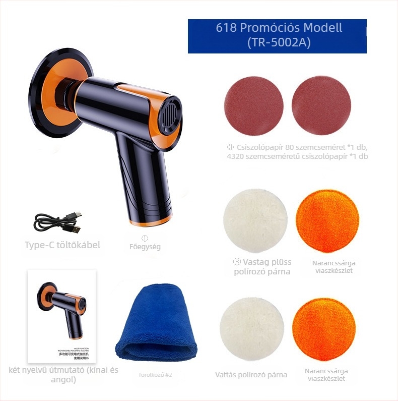 Vezeték nélküli töltésű autópolírozó és viaszoló készülék (Basdeo, ABS+fém, 80W, modell TR-5002)