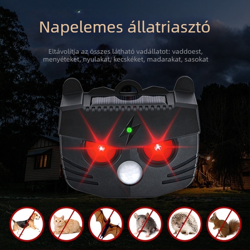 Multifunkcionális napelemes állatriasztó infravörös szenzorral – patkányok, madarak és disznók elleni riasztó (Model BL-219A, 1.2V, 20-45 kHz, 0.1W)