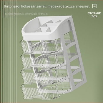 Íróasztalra való kozmetikai fiókos rendező, többrétegű átlátszó fiókok, 12L kapacitás, PP műanyag, rúzs rekesz