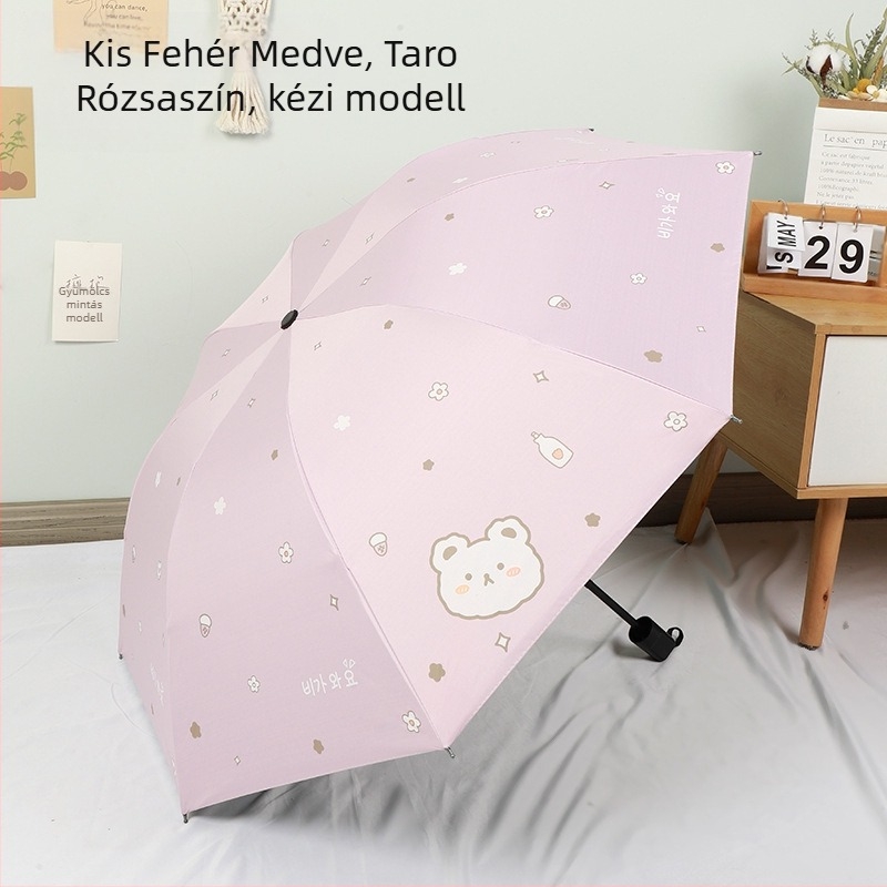 Összecsukható esernyő medve figura dizájnnal, 8 acél bordával, 190T vászon vinil bevonattal, automatikus nyitás, félautomata zárás, UV védelem UPF 30+