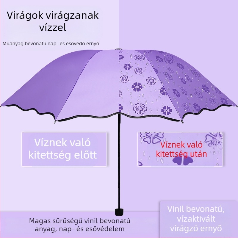 Női összecsukható nap- és eső ernyő, kézi nyitás-zárás, UPF 50+, 8 acél merevítő, tömeg 320 g