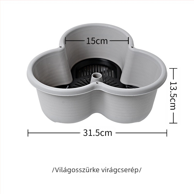 Virágcserép, műanyag, lélegző, biológiailag lebomló, tartós; vízmegtakarító és szárazságtűrő; használat: kombinált, asztali, padló és függő; gyártás: injektálási öntés