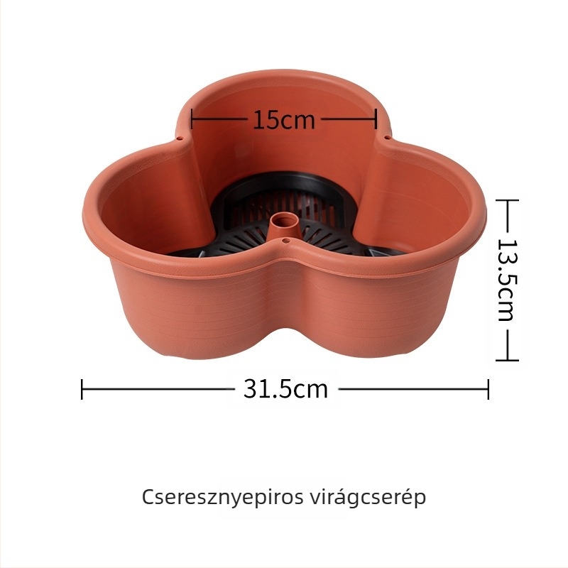 Virágcserép, műanyag, lélegző, biológiailag lebomló, tartós; vízmegtakarító és szárazságtűrő; használat: kombinált, asztali, padló és függő; gyártás: injektálási öntés