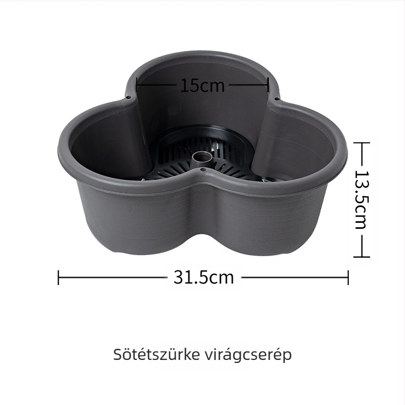 Virágcserép, műanyag, lélegző, biológiailag lebomló, tartós; vízmegtakarító és szárazságtűrő; használat: kombinált, asztali, padló és függő; gyártás: injektálási öntés