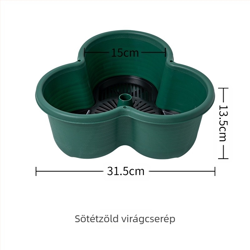 Virágcserép, műanyag, lélegző, biológiailag lebomló, tartós; vízmegtakarító és szárazságtűrő; használat: kombinált, asztali, padló és függő; gyártás: injektálási öntés