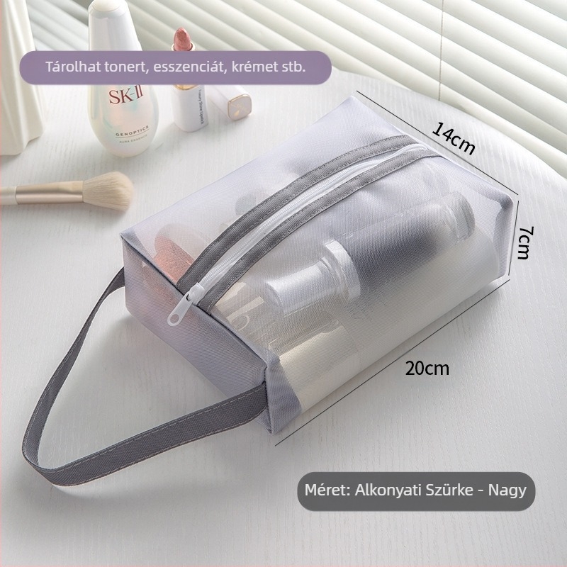 Kozmetikai táska – átlátszó hálós, nylon + háló, kézitáska stílus, többfunkciós utazási szervező kozmetikumok számára (Modell 01B1300)
