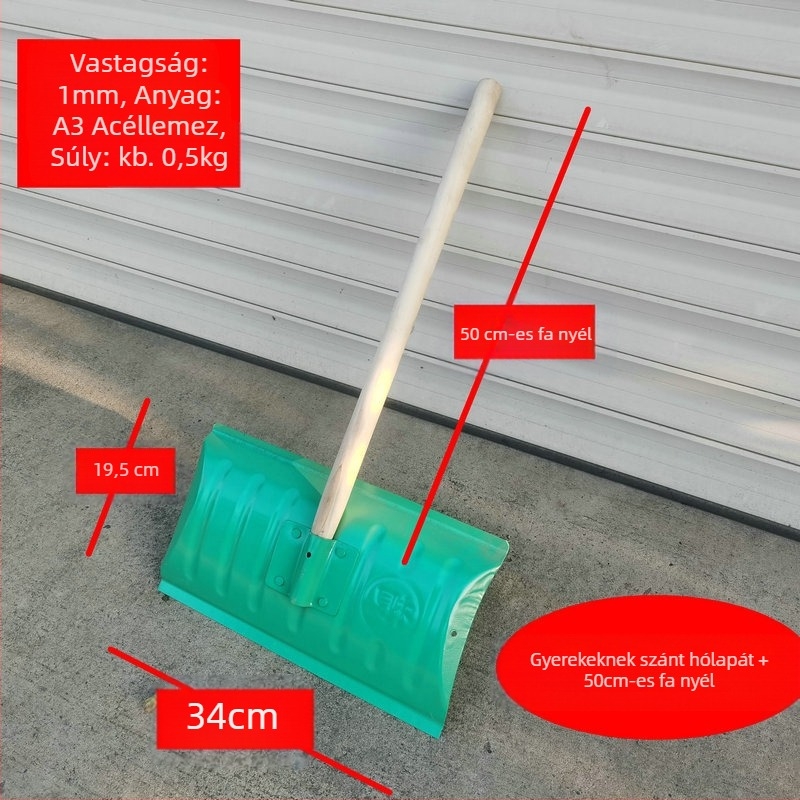Hótoló lapát közepes széntartalmú acél fejjel és fa nyéllel, tömege 1,2 kg, fej vastagsága 1,3 mm