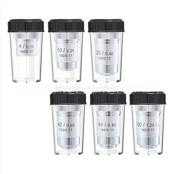 NISHAI achromat mikroszkópos objektív készlet — 4x, 10x, 20x, 40x, 60x; alkalmazások: biológia, kémia, kutatás