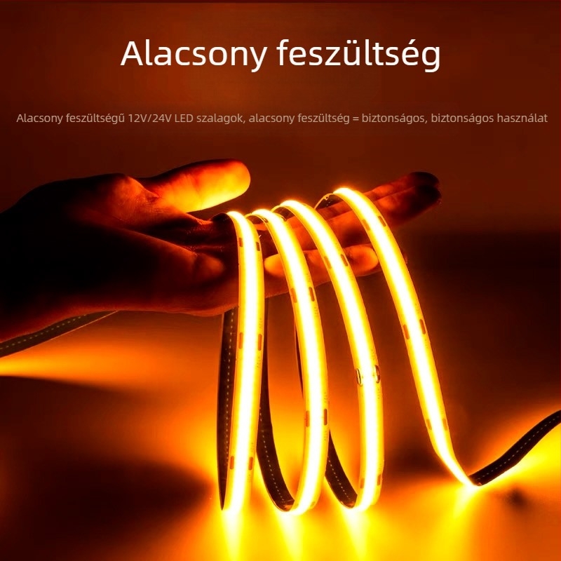 COB LED-szalag 24V, rugalmas, öntapadó bútorokhoz, árnyékmentes környezeti világítás, 180° fényirány, dimmelhető, CRI 90, 8 W/m, vágás 5 cm/2,5 cm