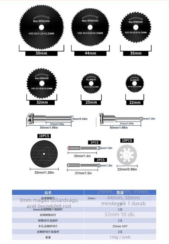 WELIBA vágólemez-készlet — gyémántos és gyantázott korongok magas sebességű acélhoz, fához, fémszhez és jade vágásához; maximális vonalsebesség 20000