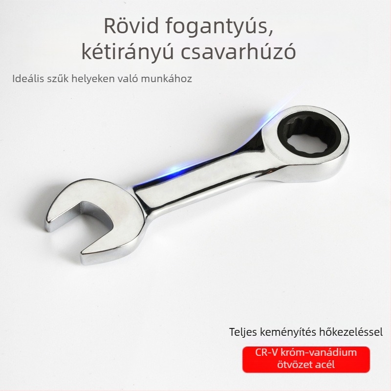 Kétfunkciós kattantókulcs, kompakt kialakítás, króm-vanádium acél