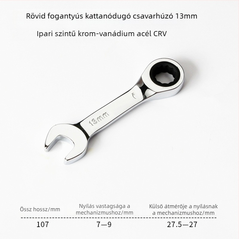 Kétfunkciós kattantókulcs, kompakt kialakítás, króm-vanádium acél