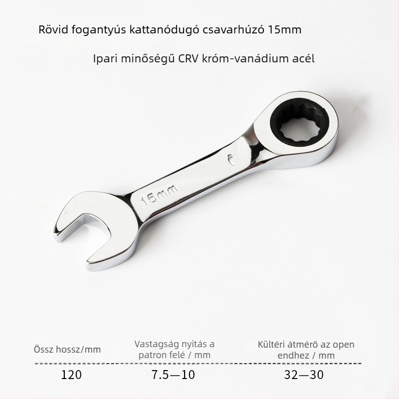 Kétfunkciós kattantókulcs, kompakt kialakítás, króm-vanádium acél